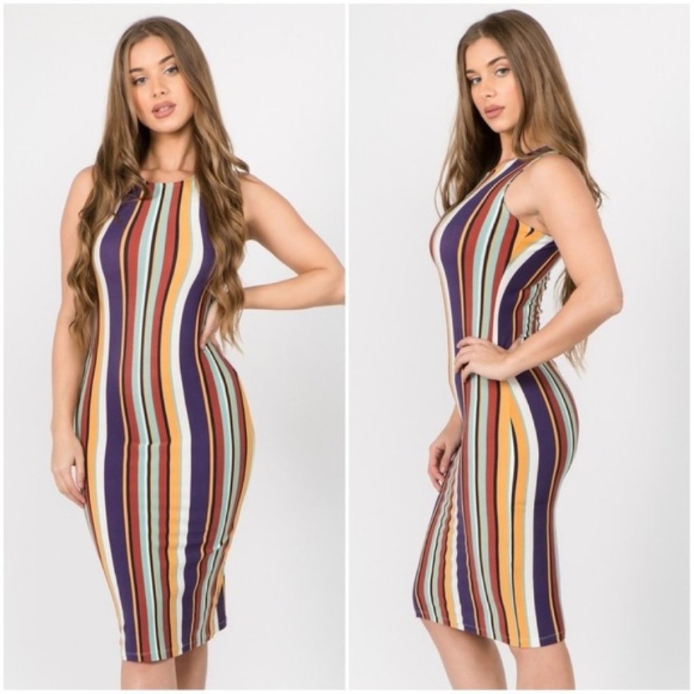 🎉Host Pick🎉 2 Left Multicolored Striped Bodycon Midi Dress - Picture 1 of 2